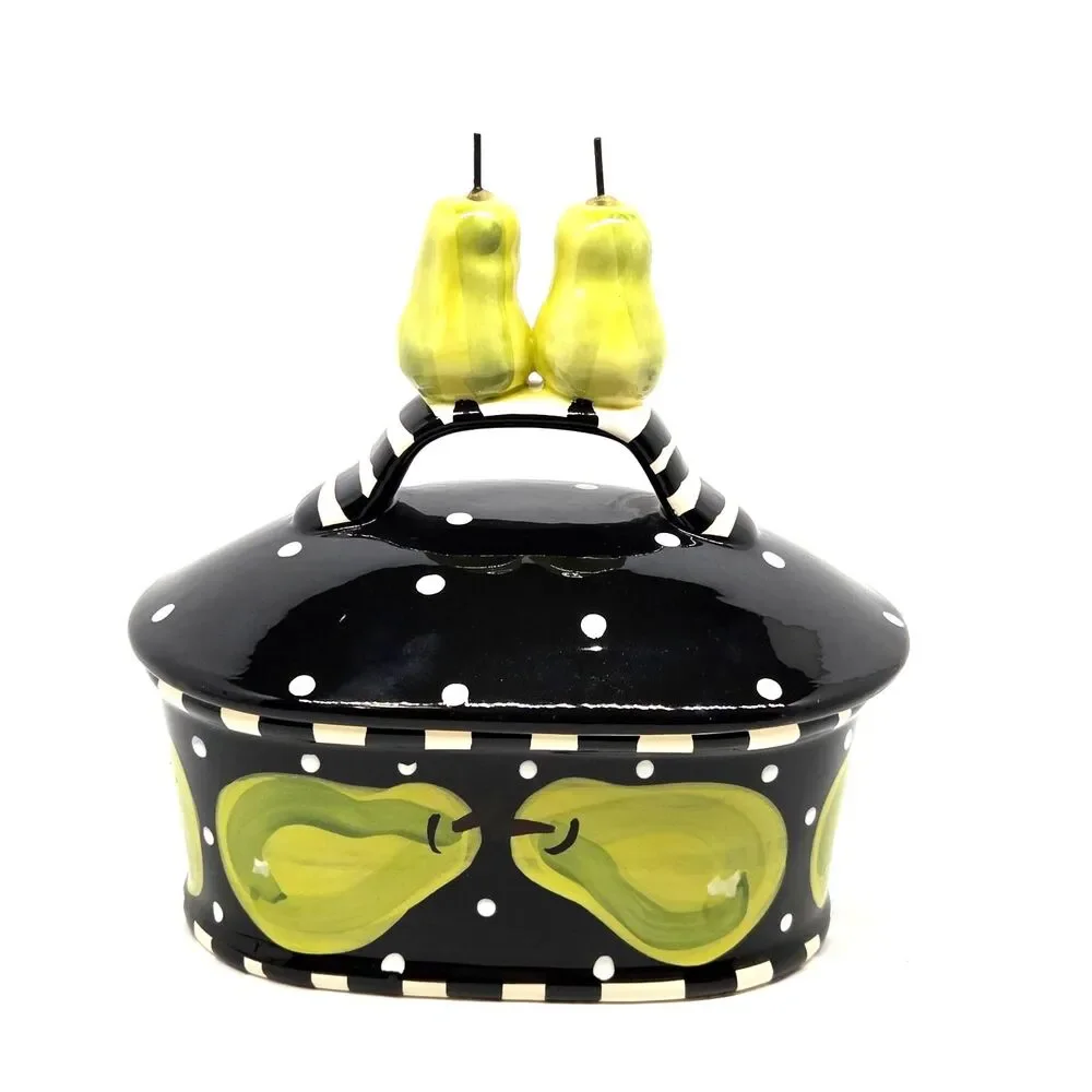 Lynn Morris Studio Pottery Black White Polka Dots Green Pear Covered Dish VGC